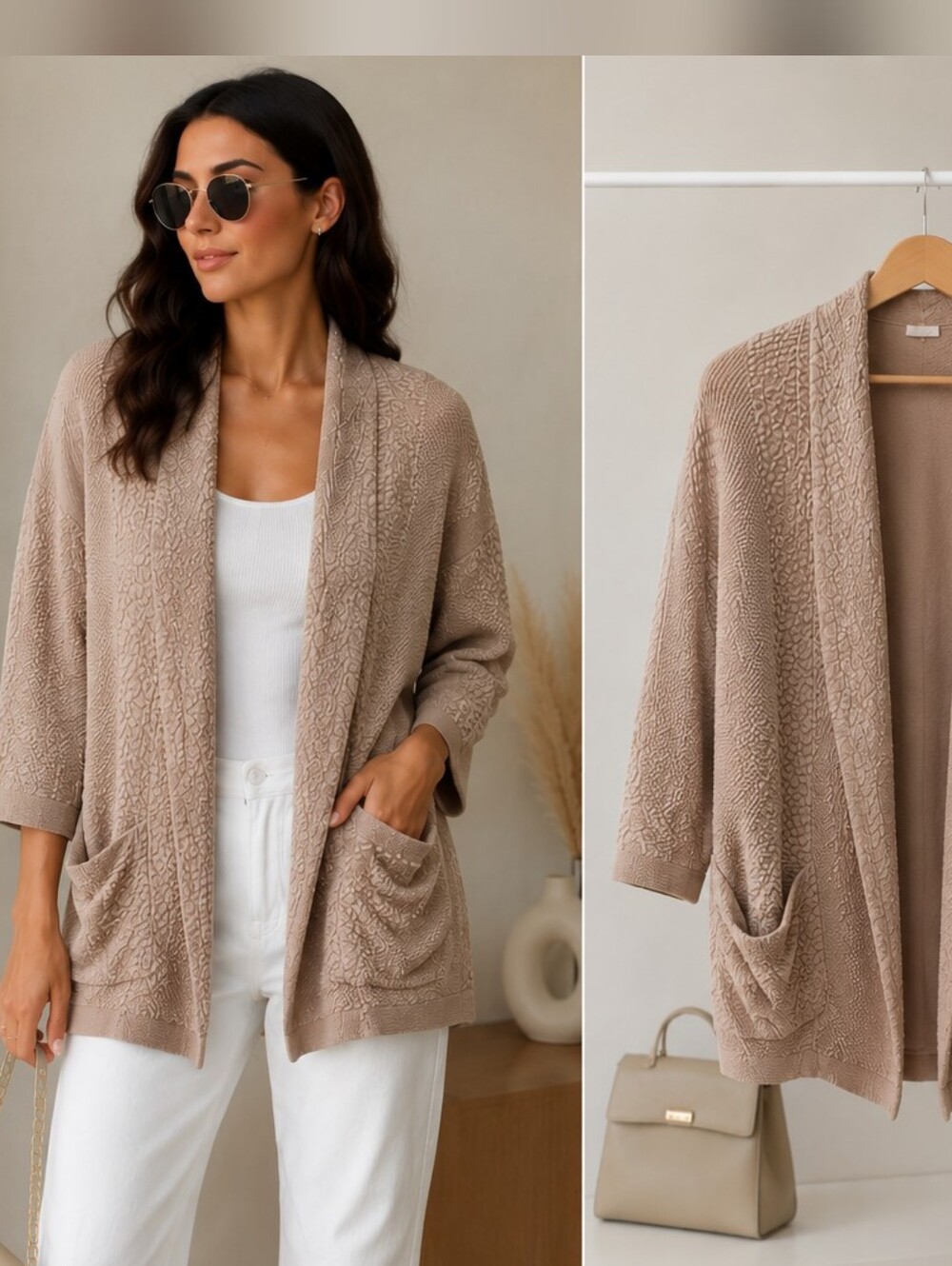 Vero Moda Textured Open Cardigan Jacket | Taupe Blush | Cozy Chic Layering M
